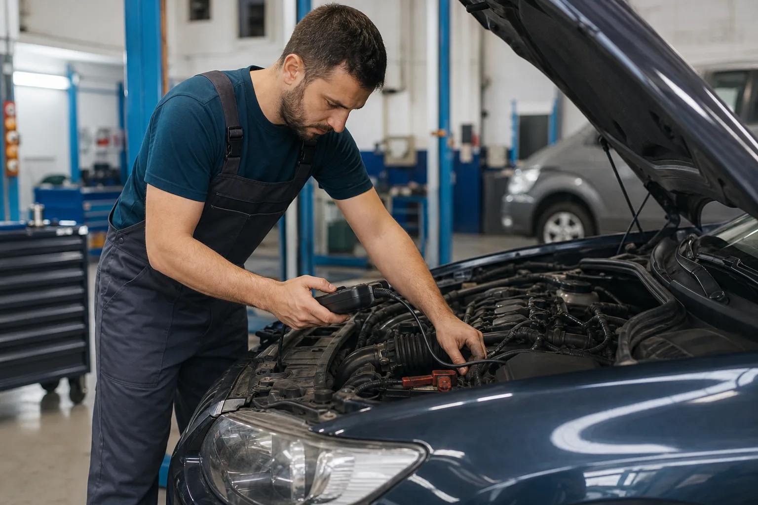 Técnico diagnosticando el motor averiado de un coche en un taller